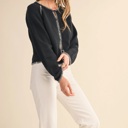  Leia Contrast Blanket Stitch Sweater Cardigan | Women's Black Soft Warm Knit Button-Up Top | Fall and Winter Fashion