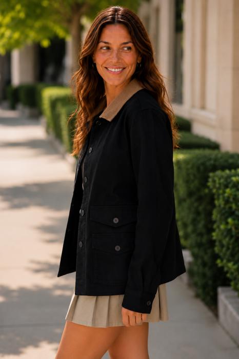 Liana Corduroy Barn Jacket - BLACK | Women's Casual Fall and Winter Style | Trendy | Collared | Neutral