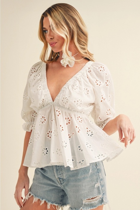 Maddie Eyelet Embroidered Top | Summer New Arrival | Women's Elegant White Top | Trendy Cotton Blouse | Country Concert Shirt