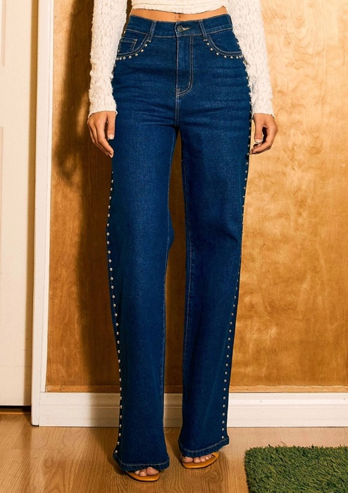 Madyson Stud Wide Leg Jeans | Women's Denim | Trendy High Waist Medium Wash | Fall and Winter Style | Year-Round | Statement Jean