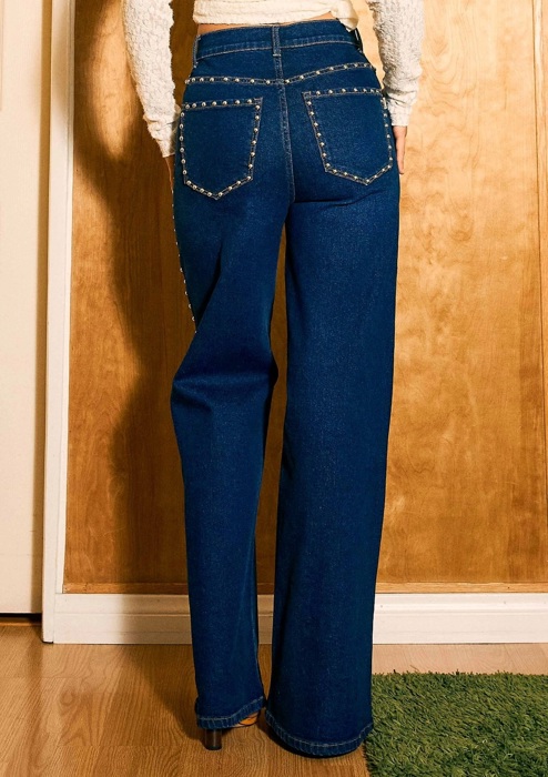 Madyson Stud Wide Leg Jeans | Women's Denim | Trendy High Waist Medium Wash | Fall and Winter Style | Year-Round | Statement Jean