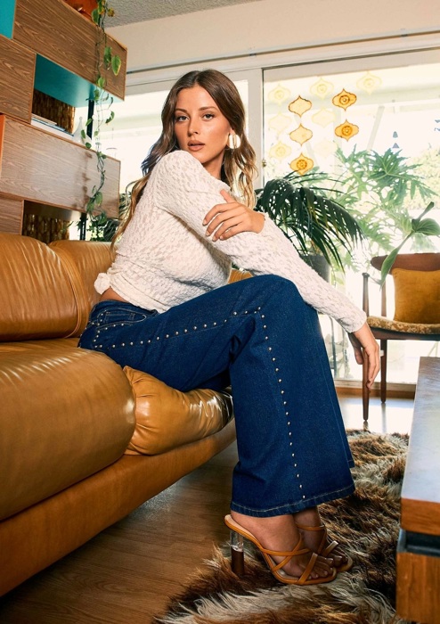 Madyson Stud Wide Leg Jeans | Women's Denim | Trendy High Waist Medium Wash | Fall and Winter Style | Year-Round | Statement Jean