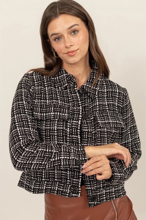 Marianne Tweed Button-Up Jacket | Black and White Patterned Jacket with Pocket | Fall Trends | Trendy | Layering for Fall
