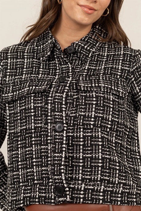 Marianne Tweed Button-Up Jacket | Black and White Patterned Jacket with Pocket | Fall Trends | Trendy | Layering for Fall
