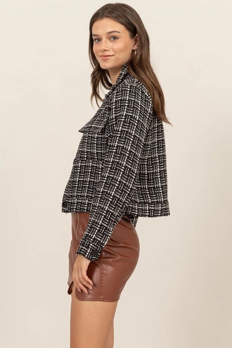 Marianne Tweed Button-Up Jacket | Black and White Patterned Jacket with Pocket | Fall Trends | Trendy | Layering for Fall