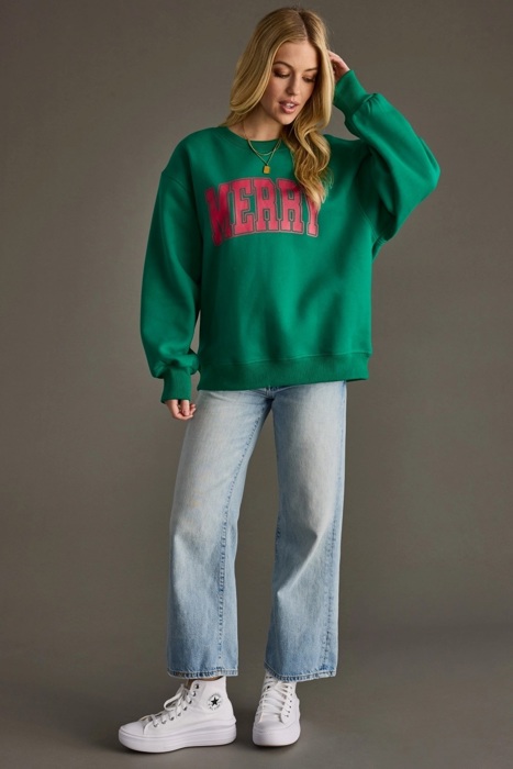 Merry Graphic Sweatshirt | Red or Green Women's Pullover Tops | Christmas Holiday Festive Winter Fashion | Crewneck | Long Sleeve