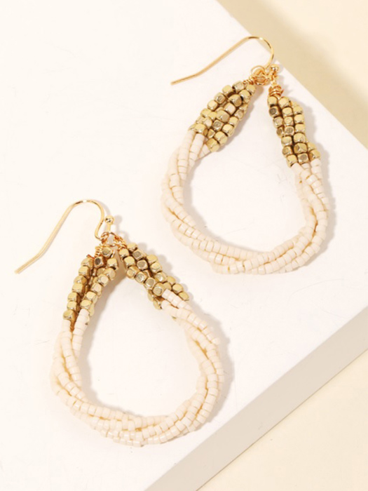 Raven Seed Beaded Twist Teardrop Earrings | Neutral Beige Accessories | Women's Earrings | Trendy Jewelry