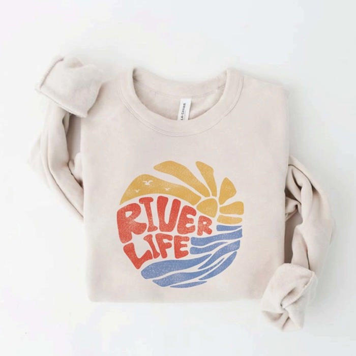 River Life Oversized Graphic Sweatshirt | Comfy Soft Long Sleeve Crewneck Sweater | Lightweight Layering | Graphic Sweatshirts for Summer