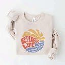  River Life Oversized Graphic Sweatshirt | Comfy Soft Long Sleeve Crewneck Sweater | Lightweight Layering | Graphic Sweatshirts for Summer
