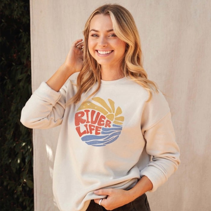 River Life Oversized Graphic Sweatshirt | Comfy Soft Long Sleeve Crewneck Sweater | Lightweight Layering | Graphic Sweatshirts for Summer