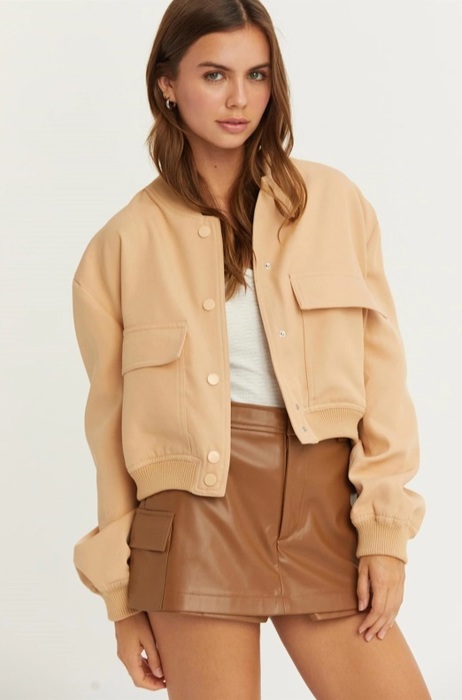 Sailor Cropped Utility Bomber Jacket | Neutral Beige Tan Button-Up Jacket | Front Pockets | Women's Jackets | Trendy Streetwear | Fall Jacket