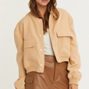  Sailor Cropped Utility Bomber Jacket | Neutral Beige Tan Button-Up Jacket | Front Pockets | Women's Jackets | Trendy Streetwear | Fall Jacket