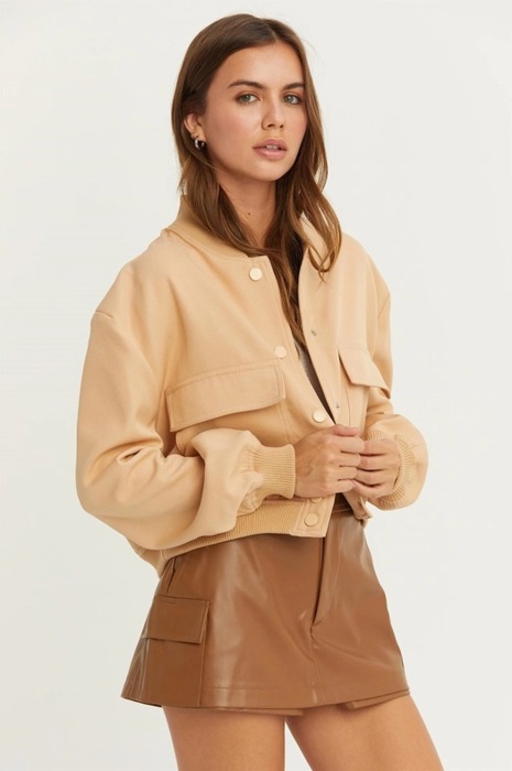 Sailor Cropped Utility Bomber Jacket | Neutral Beige Tan Button-Up Jacket | Front Pockets | Women's Jackets | Trendy Streetwear | Fall Jacket