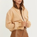  Sailor Cropped Utility Bomber Jacket | Neutral Beige Tan Button-Up Jacket | Front Pockets | Women's Jackets | Trendy Streetwear | Fall Jacket