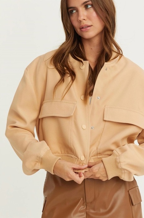 Sailor Cropped Utility Bomber Jacket | Neutral Beige Tan Button-Up Jacket | Front Pockets | Women's Jackets | Trendy Streetwear | Fall Jacket