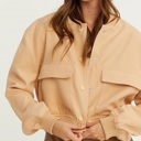  Sailor Cropped Utility Bomber Jacket | Neutral Beige Tan Button-Up Jacket | Front Pockets | Women's Jackets | Trendy Streetwear | Fall Jacket