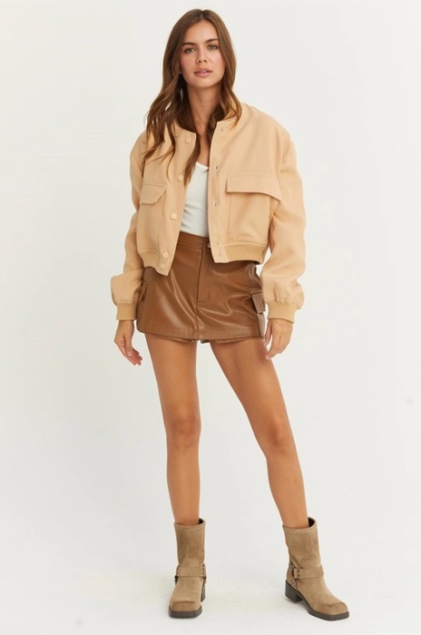 Sailor Cropped Utility Bomber Jacket | Neutral Beige Tan Button-Up Jacket | Front Pockets | Women's Jackets | Trendy Streetwear | Fall Jacket
