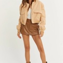  Sailor Cropped Utility Bomber Jacket | Neutral Beige Tan Button-Up Jacket | Front Pockets | Women's Jackets | Trendy Streetwear | Fall Jacket