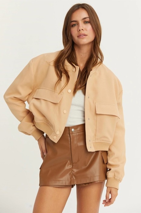 Sailor Cropped Utility Bomber Jacket | Neutral Beige Tan Button-Up Jacket | Front Pockets | Women's Jackets | Trendy Streetwear | Fall Jacket