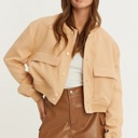  Sailor Cropped Utility Bomber Jacket | Neutral Beige Tan Button-Up Jacket | Front Pockets | Women's Jackets | Trendy Streetwear | Fall Jacket