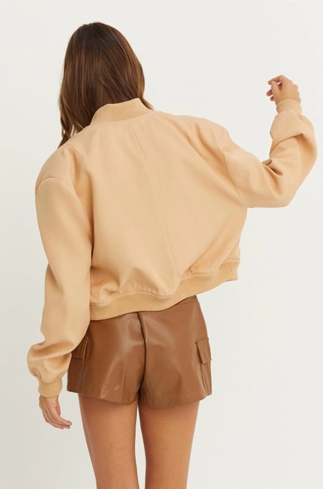 Sailor Cropped Utility Bomber Jacket | Neutral Beige Tan Button-Up Jacket | Front Pockets | Women's Jackets | Trendy Streetwear | Fall Jacket