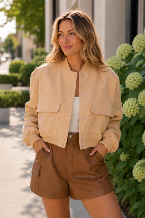 Sailor Cropped Utility Bomber Jacket | Neutral Beige Tan Button-Up Jacket | Front Pockets | Women's Jackets | Trendy Streetwear | Fall Jacket