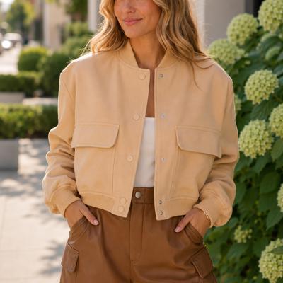 Sailor Cropped Utility Bomber Jacket | Neutral Beige Tan Button-Up Jacket | Front Pockets | Women's Jackets | Trendy Streetwear | Fall Jacket