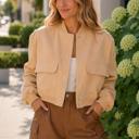  Sailor Cropped Utility Bomber Jacket | Neutral Beige Tan Button-Up Jacket | Front Pockets | Women's Jackets | Trendy Streetwear | Fall Jacket
