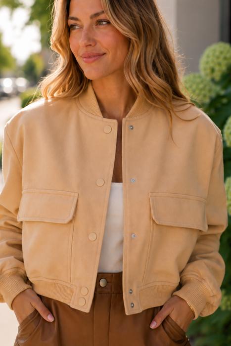 Sailor Cropped Utility Bomber Jacket | Neutral Beige Tan Button-Up Jacket | Front Pockets | Women's Jackets | Trendy Streetwear | Fall Jacket