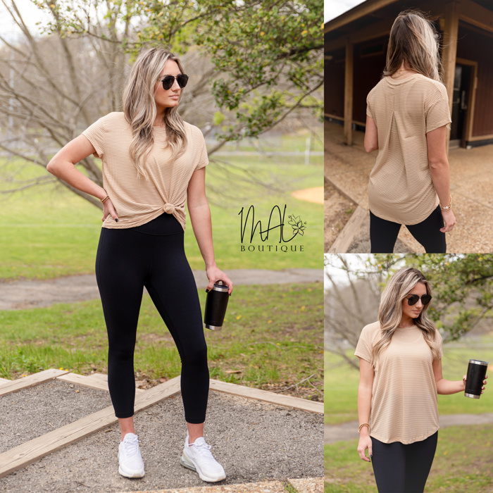 Scarlett Sheer Striped Mesh Tee | Summer New Arrival | Women's Athleisure Top | Light Camel Beige Neutral Activewear | Short Sleeve