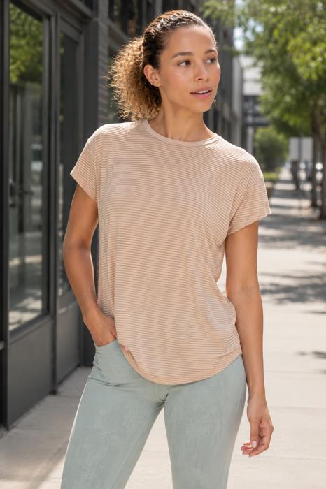 Scarlett Sheer Striped Mesh Tee | Summer New Arrival | Women's Athleisure Top | Light Camel Beige Neutral Activewear | Short Sleeve