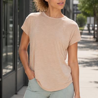 Scarlett Sheer Striped Mesh Tee | Summer New Arrival | Women's Athleisure Top | Light Camel Beige Neutral Activewear | Short Sleeve