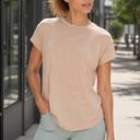  Scarlett Sheer Striped Mesh Tee | Summer New Arrival | Women's Athleisure Top | Light Camel Beige Neutral Activewear | Short Sleeve