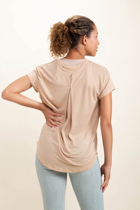 Scarlett Sheer Striped Mesh Tee | Summer New Arrival | Women's Athleisure Top | Light Camel Beige Neutral Activewear | Short Sleeve