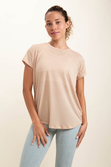 Scarlett Sheer Striped Mesh Tee | Summer New Arrival | Women's Athleisure Top | Light Camel Beige Neutral Activewear | Short Sleeve