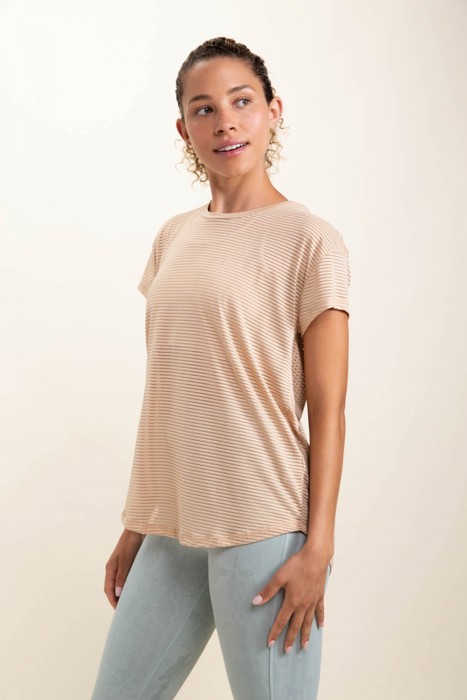 Scarlett Sheer Striped Mesh Tee | Summer New Arrival | Women's Athleisure Top | Light Camel Beige Neutral Activewear | Short Sleeve