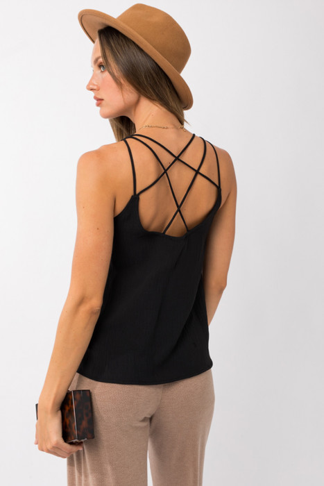 Scottlyn Back Cross Spaghetti Strap Top | Summer New Arrival | Black Trendy Women's Tank