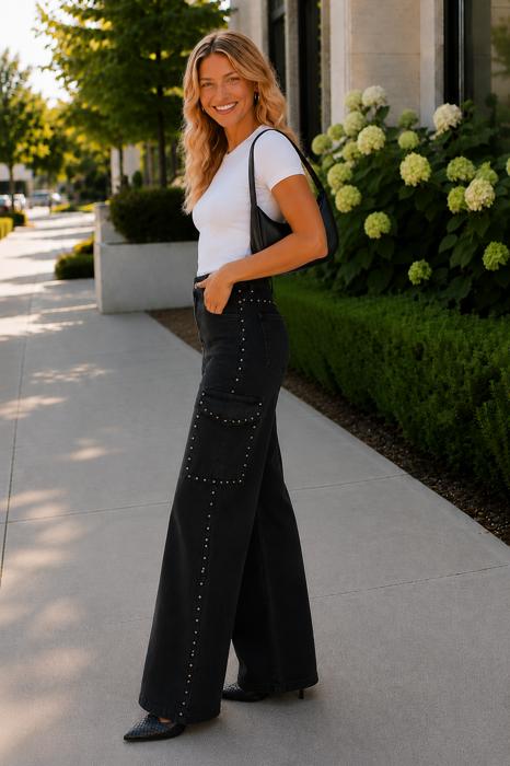 Skylar Silver Stud High-Rise Wide Leg Cargo Jeans | Women's Black Studded Denim Bottoms | Trendy Fall and Winter Fashion