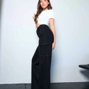  Skylar Silver Stud High-Rise Wide Leg Cargo Jeans | Women's Black Studded Denim Bottoms | Trendy Fall and Winter Fashion