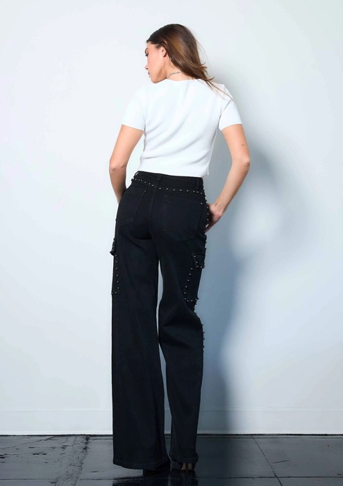 Skylar Silver Stud High-Rise Wide Leg Cargo Jeans | Women's Black Studded Denim Bottoms | Trendy Fall and Winter Fashion