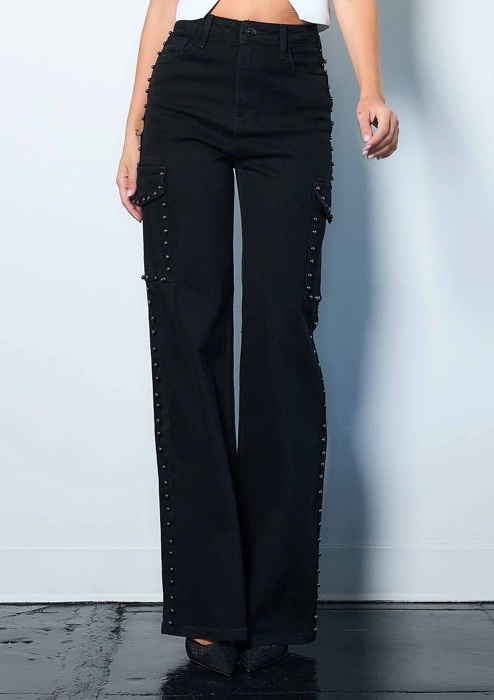 Skylar Silver Stud High-Rise Wide Leg Cargo Jeans | Women's Black Studded Denim Bottoms | Trendy Fall and Winter Fashion