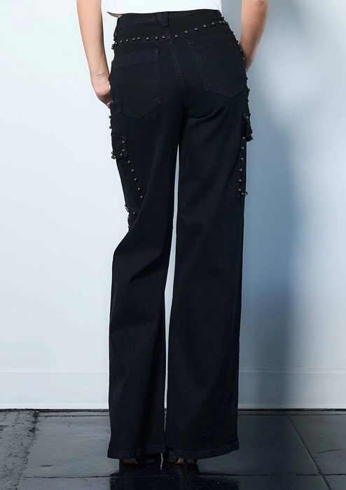 Skylar Silver Stud High-Rise Wide Leg Cargo Jeans | Women's Black Studded Denim Bottoms | Trendy Fall and Winter Fashion