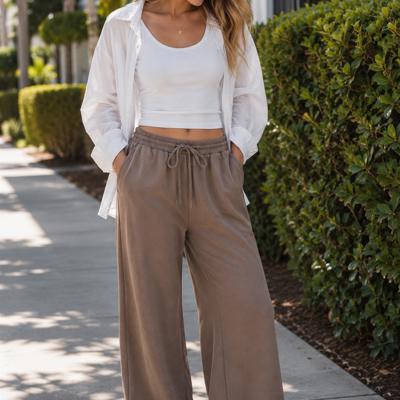Suzy Flowy Knit Drawstring Pants | Women's Long Comfy Wide-Leg Casual Bottoms | Brown | Fall Fashion