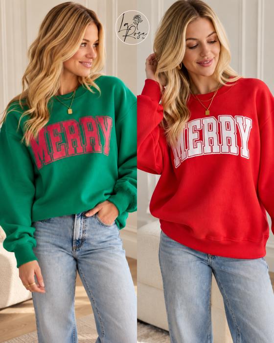 Merry Graphic Sweatshirt | Red or Green Women's Pullover Tops | Christmas Holiday Festive Winter Fashion | Crewneck | Long Sleeve