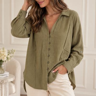 Gretchen Exposed Hem Button Down Top | Woven Green | Textured Button-Front with Exposed Hem