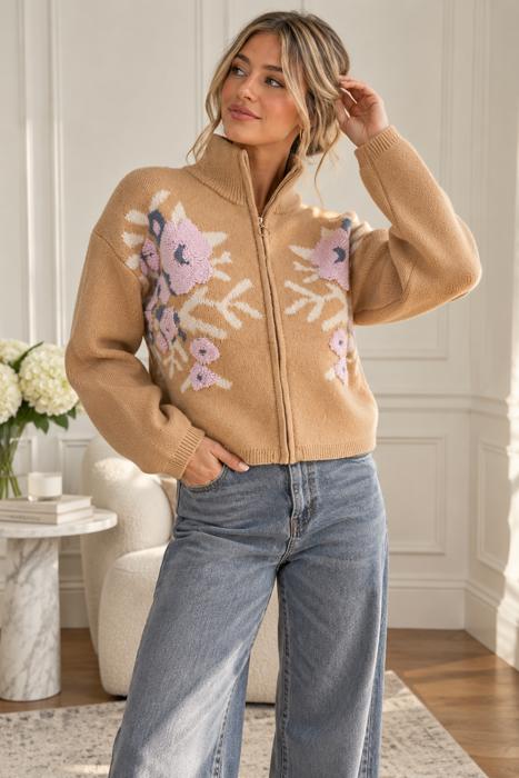 Cameron Floral Zip Up Sweater Cardigan | Women's Fall and Winter Knit Top | Chic Warm Stylish Soft Statement Shirt