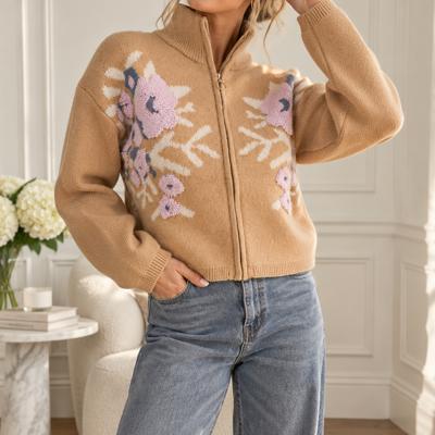 Cameron Floral Zip Up Sweater Cardigan | Women's Fall and Winter Knit Top | Chic Warm Stylish Soft Statement Shirt