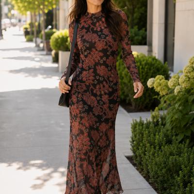 Angelica Floral Mesh Mock-Neck Maxi Dress