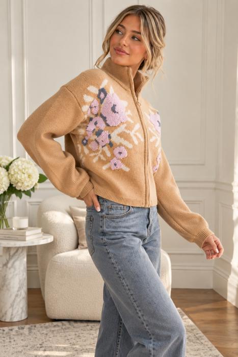 Cameron Floral Zip Up Sweater Cardigan | Women's Fall and Winter Knit Top | Chic Warm Stylish Soft Statement Shirt