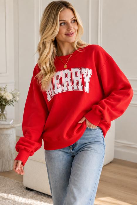 Merry Graphic Sweatshirt | Red or Green Women's Pullover Tops | Christmas Holiday Festive Winter Fashion | Crewneck | Long Sleeve